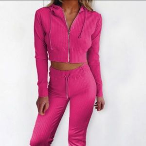 Pink ribbed knit cropped hoodie and jogger two piece set size Xl